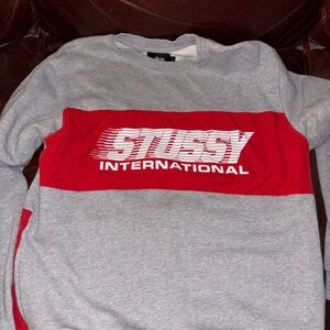 Stussy Gray and Red Logo Sweatshirt
